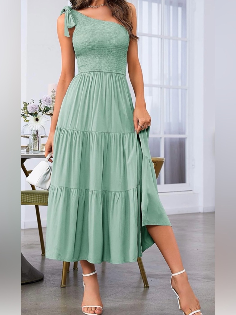 Smocked Bodice Tiered Midi Dress in Sage Green